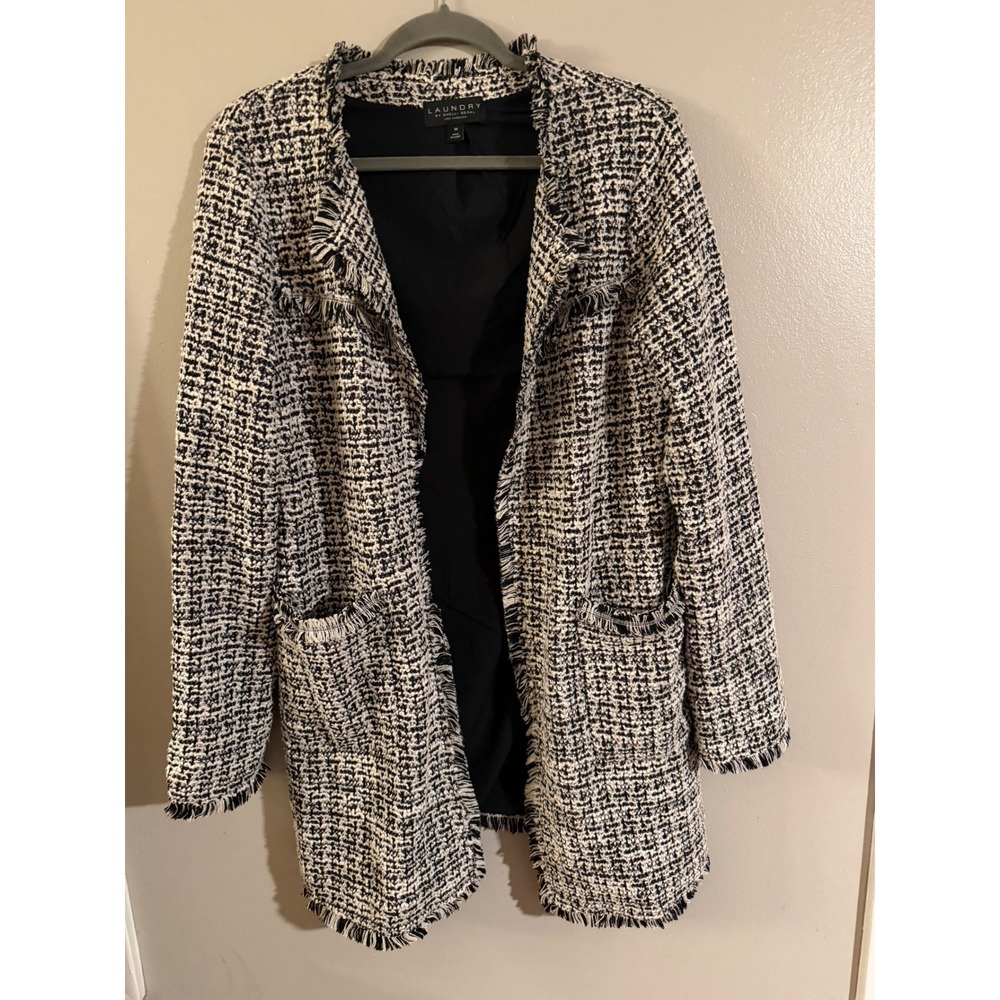 Laundry by Shelli Segal Womens Medium Black White Tweed Fringe Open Jacket Coat